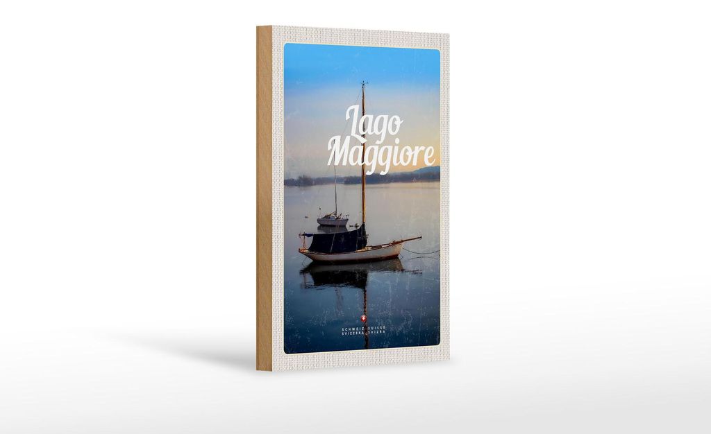 Holzschild Reise 12x18 cm Lago Maggiore Boote auf See Urlaub