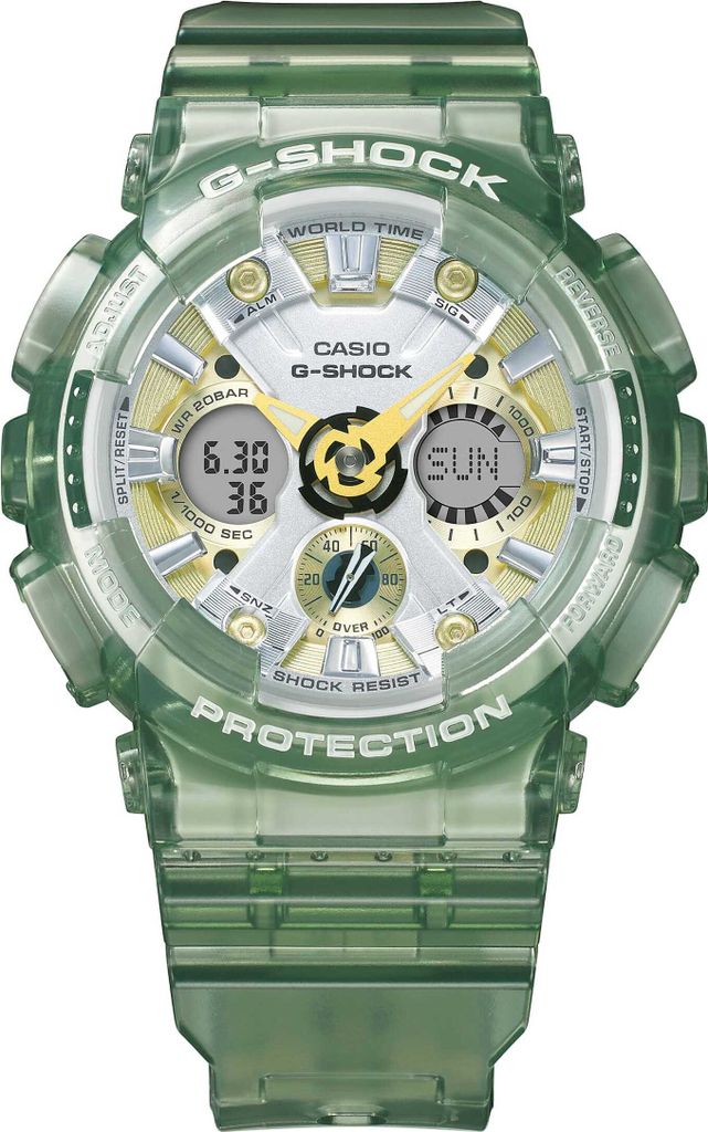 A transparent green Casio G-Shock watch is shown against a white background.