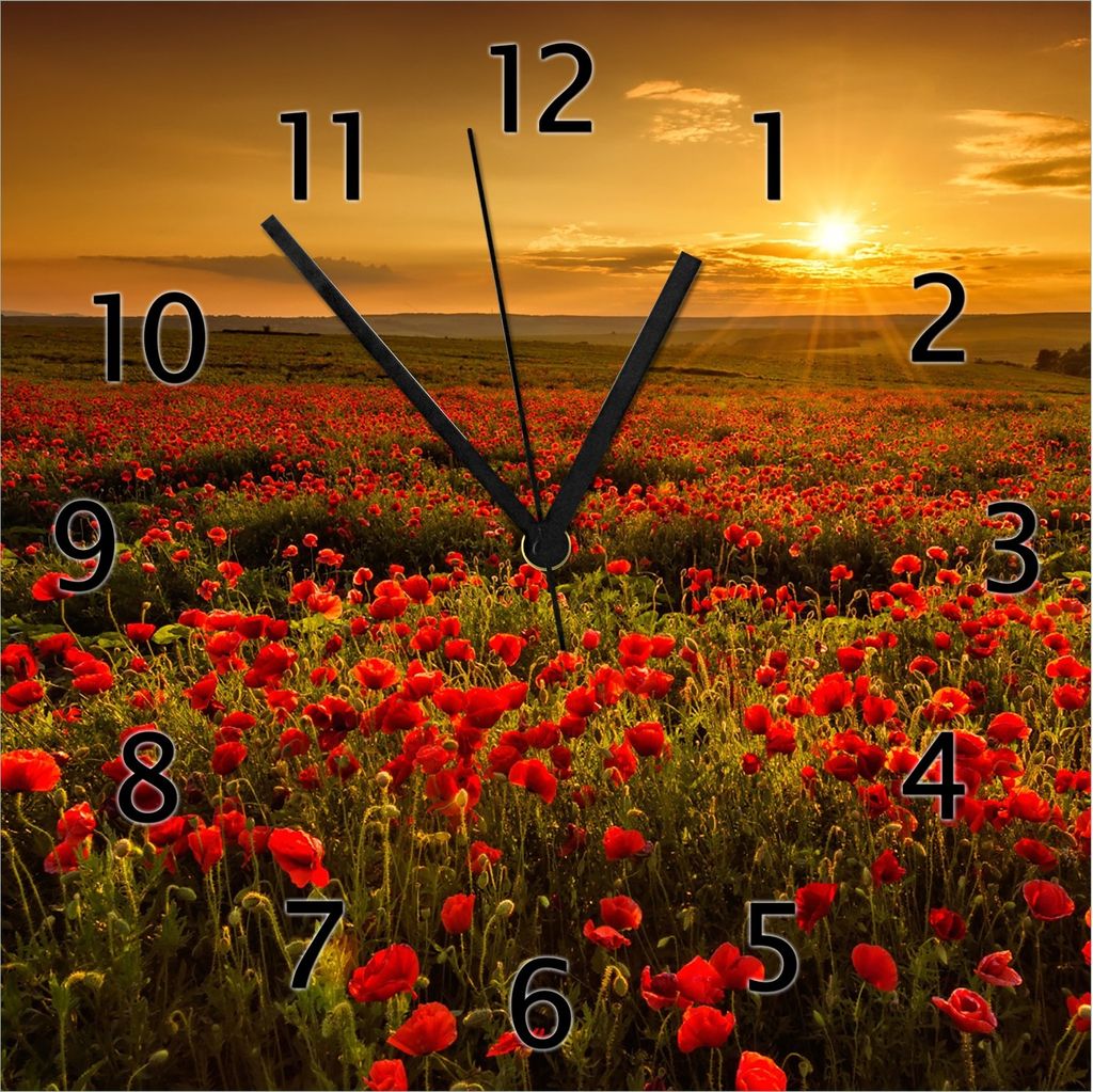 Wallario Design Wanduhr Mohnblumenwiese bei Sonnenuntergang am Abend aus Echtglas, Größe 30 x 30 cm
