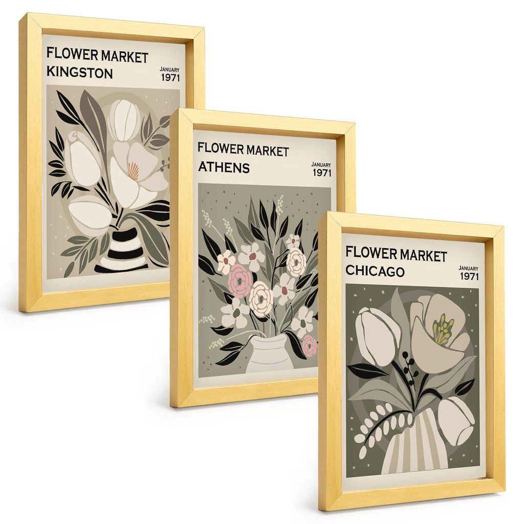 Bilder Set 3-teilig im Goldrahmen Rahmen – Wandbilder 3 Stück – gerahmte Poster für Wohnzimmer, Schlafzimmer und Flur – 20x30 cm – Retro-...