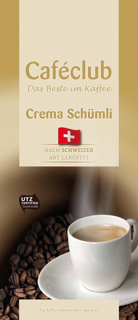 A marketing image for coffee beans, featuring text, a Swiss flag, coffee beans, and a cup of coffee.