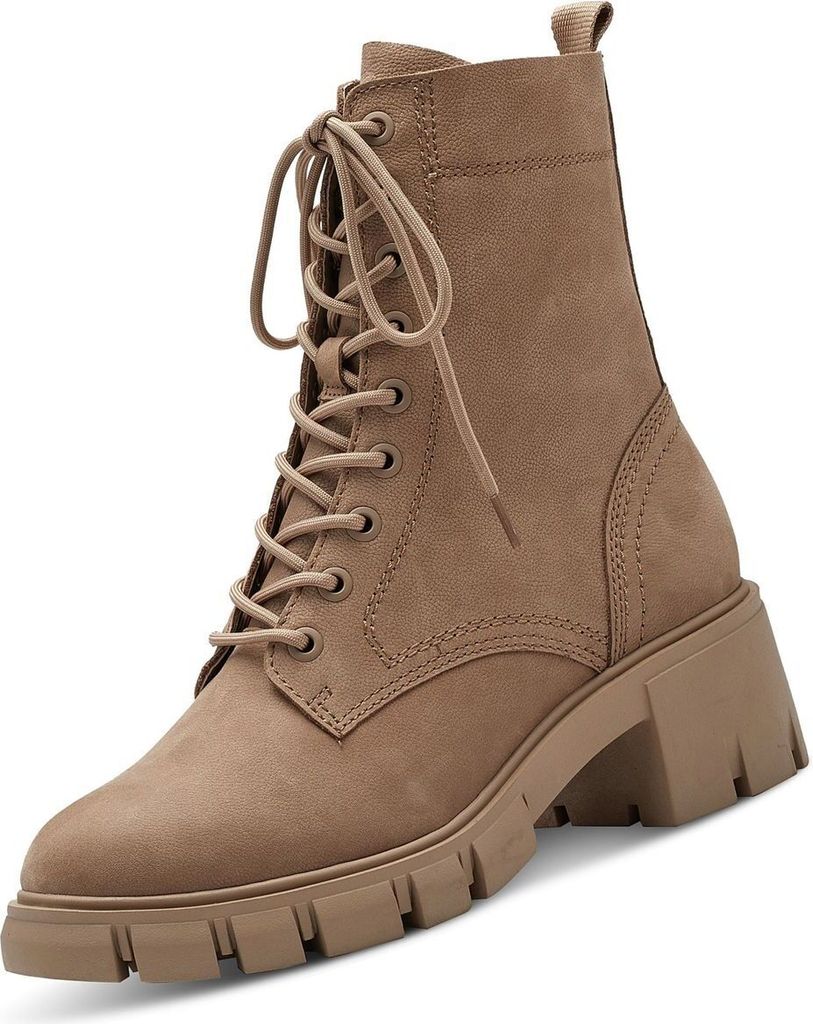 A single brown lace-up boot is shown against a white background.