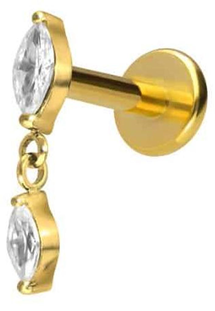 Ohrpiercing, Nasenpiercing Titan Labret mit Innengewinde 2 KRISTALLTROPFEN Gold Stablänge: 6mm | Stabstärke: 1,2mm