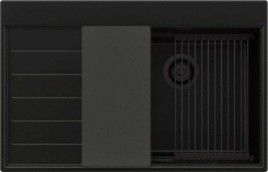 PRIMAGRAN Spülbecken Alles Schwarz 78x50cm, Granitspüle 1 Becken + Ablauf-Set + Küchenzubehörset, Küchenspüle ab 50er Unterschrank - Sydney