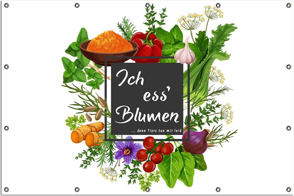 Wallario Outdoor-Poster für Garten oder Balkon, Motiv Ich ess Blumen - Gemüse und Kräuter, in ca. 120 x 180 cm