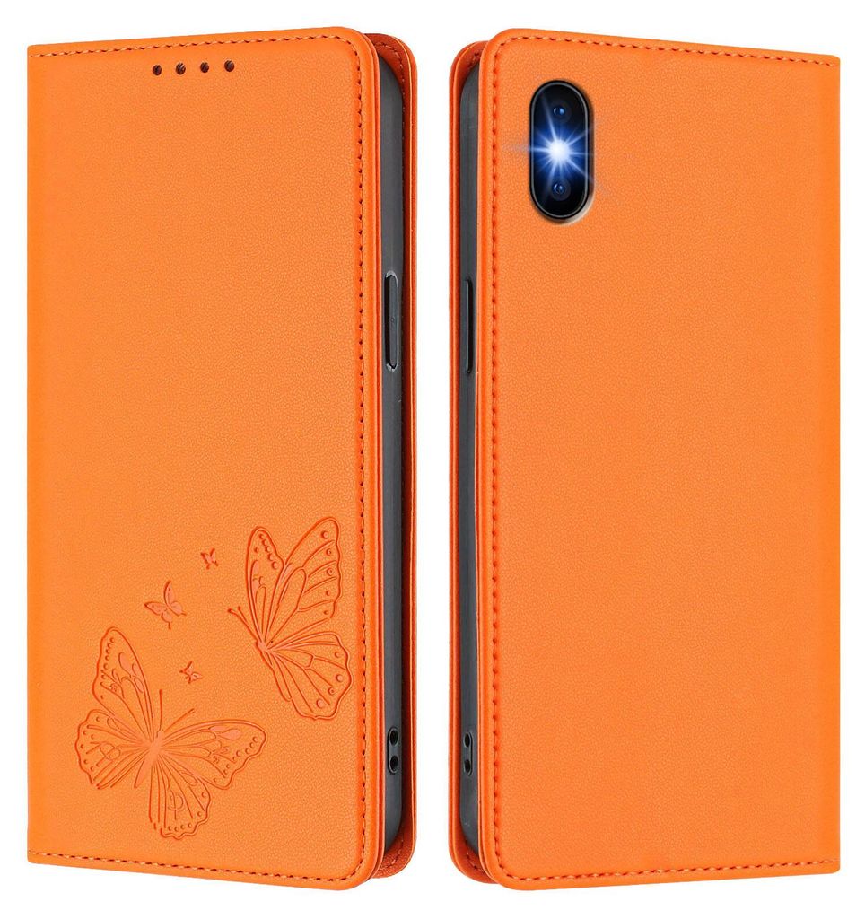 Lederhülle für iPhone X/iPhone XS, Schmetterling Prägung Leder Brieftasche Schutzhülle mit Ständer Orange