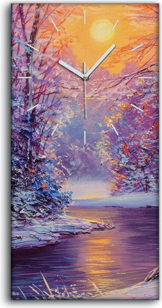 Dekor Leinwand Uhr Wandbilder Kunstdruck 30x60 Winter Wald Bäume Fluss Sonne - weiße Hände