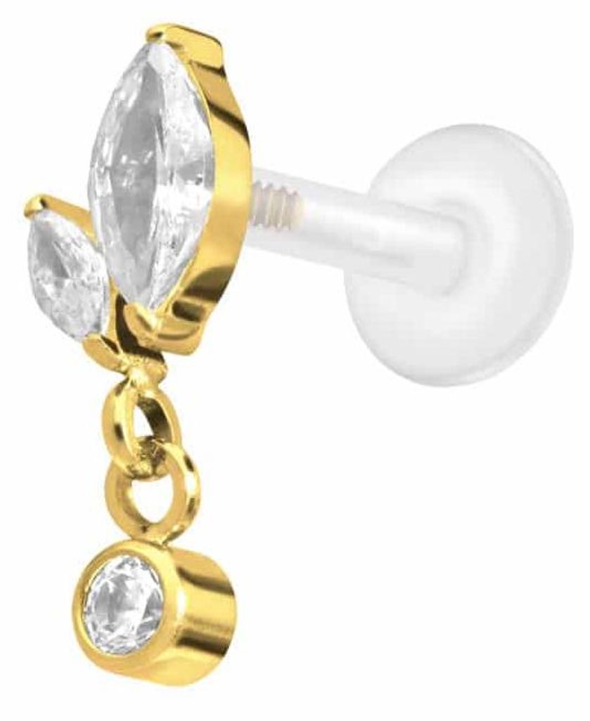 Ohrpiercing, Nasenpiercing PTFE Labret mit Innengewinde + Titan-Aufsatz KNOSPE + KRISTALL Gold Stablänge: 8mm | Stabstärke: 1,2mm