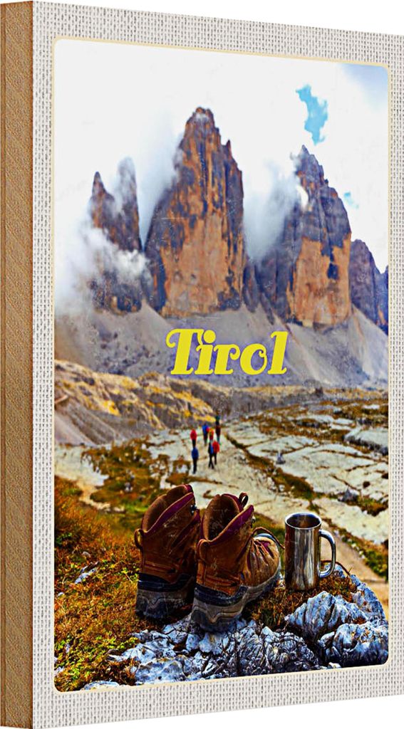Holzschild Reise 20x30cm Tirol Wanderung Schuhe kaltes Getränk