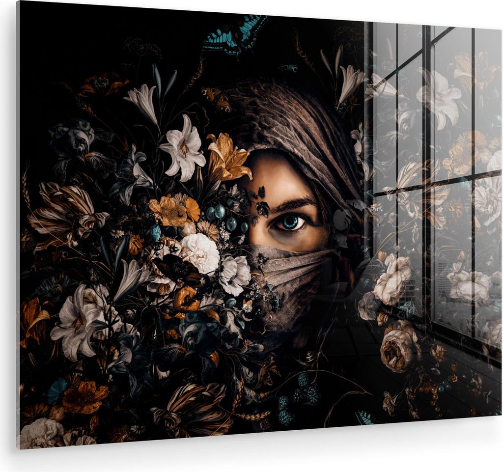 MuchoWow Glasbilder - Bilder auf Wandbild - Foto auf Glas Frau - Luxus - Blumen - Schmetterling - Porträt 40x30 cm Wanddekoration aus Glas - Acryl...