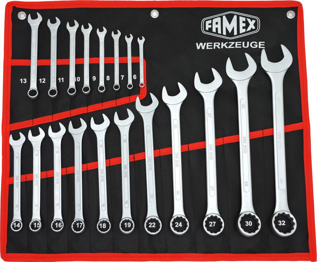 FAMEX 10349-19 Gabel-Ringschlüssel Satz in Tasche - Ringmaulschlüssel - Schraubenschlüssel Satz
