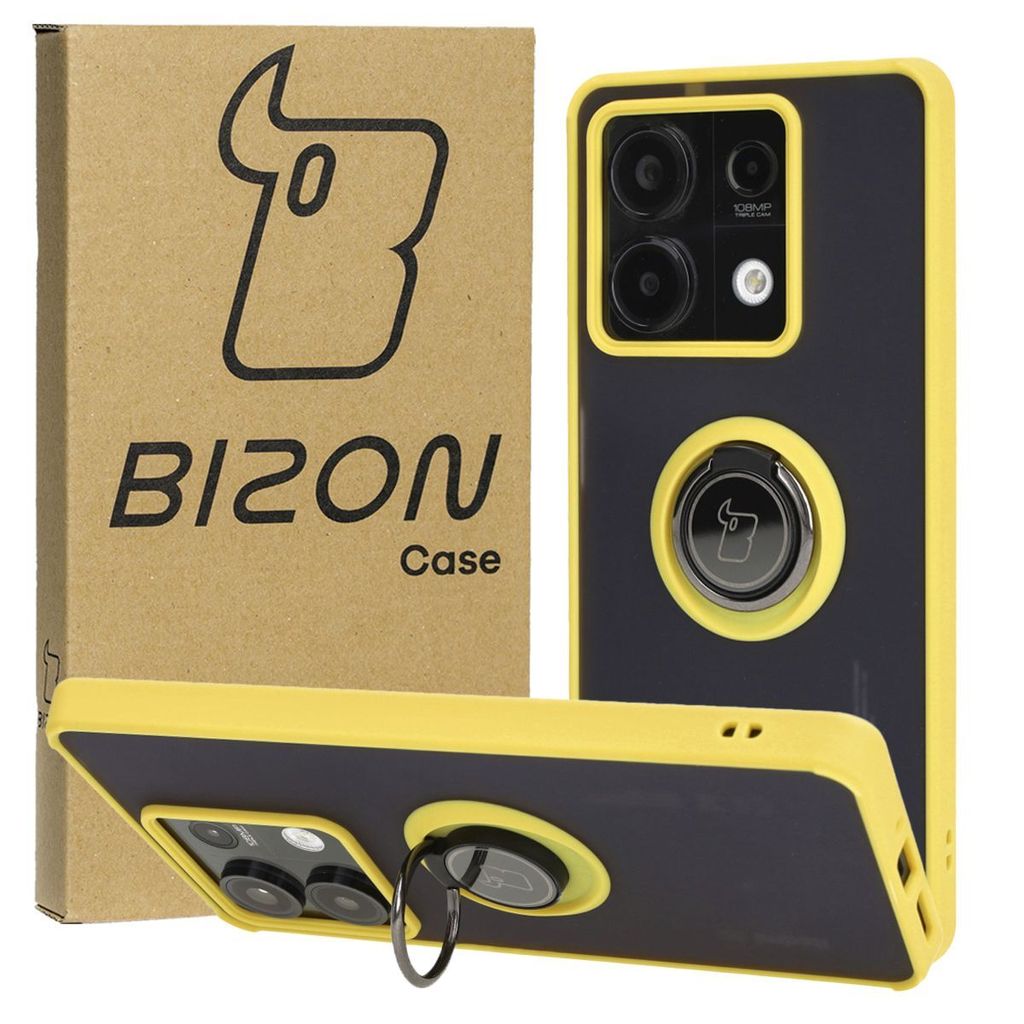 Bizon Case Hybrid Ring Fingerringhülle für Xiaomi Redmi Note 13 5G, Rauch mit gelbem Rahmen
