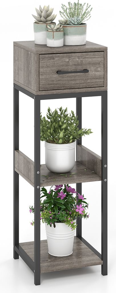 GOPLUS Blumenständer, 3-Stufiger Pflanzenständer mit Schublade, Pflanztisch Blumentisch Blumenregal Pflanzenregal