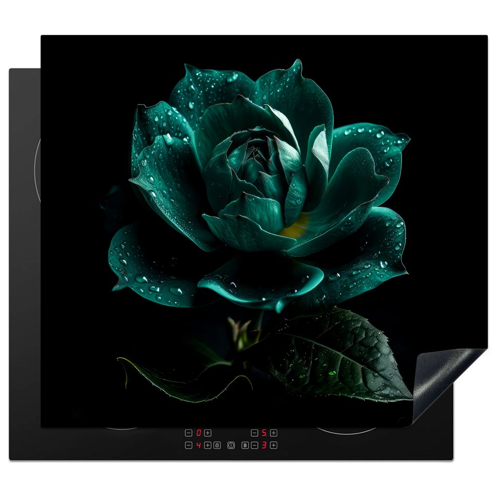 KitchenYeah Herdabdeckplatte Blumen - Rosen - Blau - Porträt - Schwarz , 59x52cm, Küche Deko, Glaskeramikkochfeld Herdabdeckung, Abdeckplatte f...
