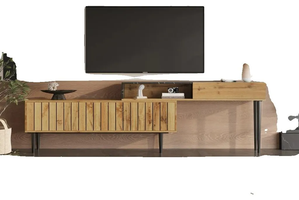 Meuble TV solide pour optimiser le rangement du salon, bois et noir