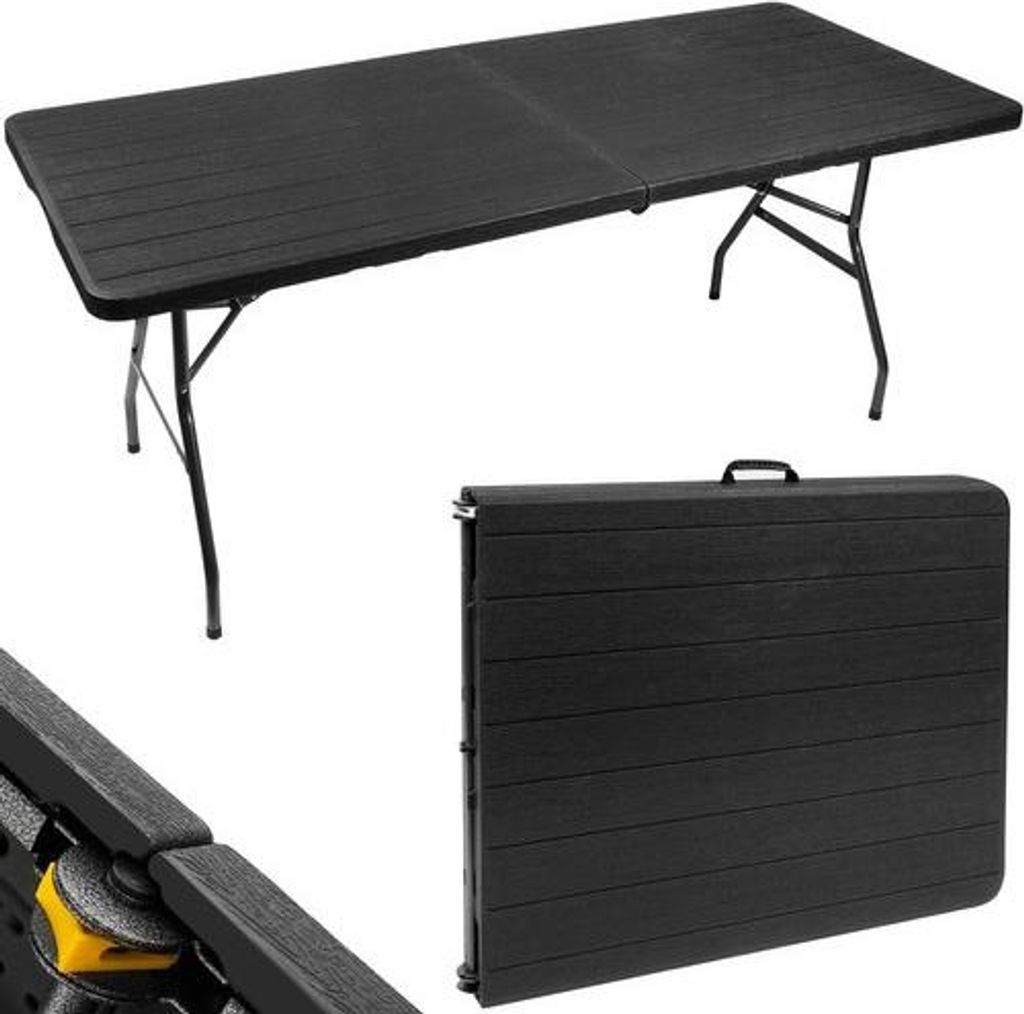 A black folding table is shown in its open and folded states, with a close-up detail of its construction.