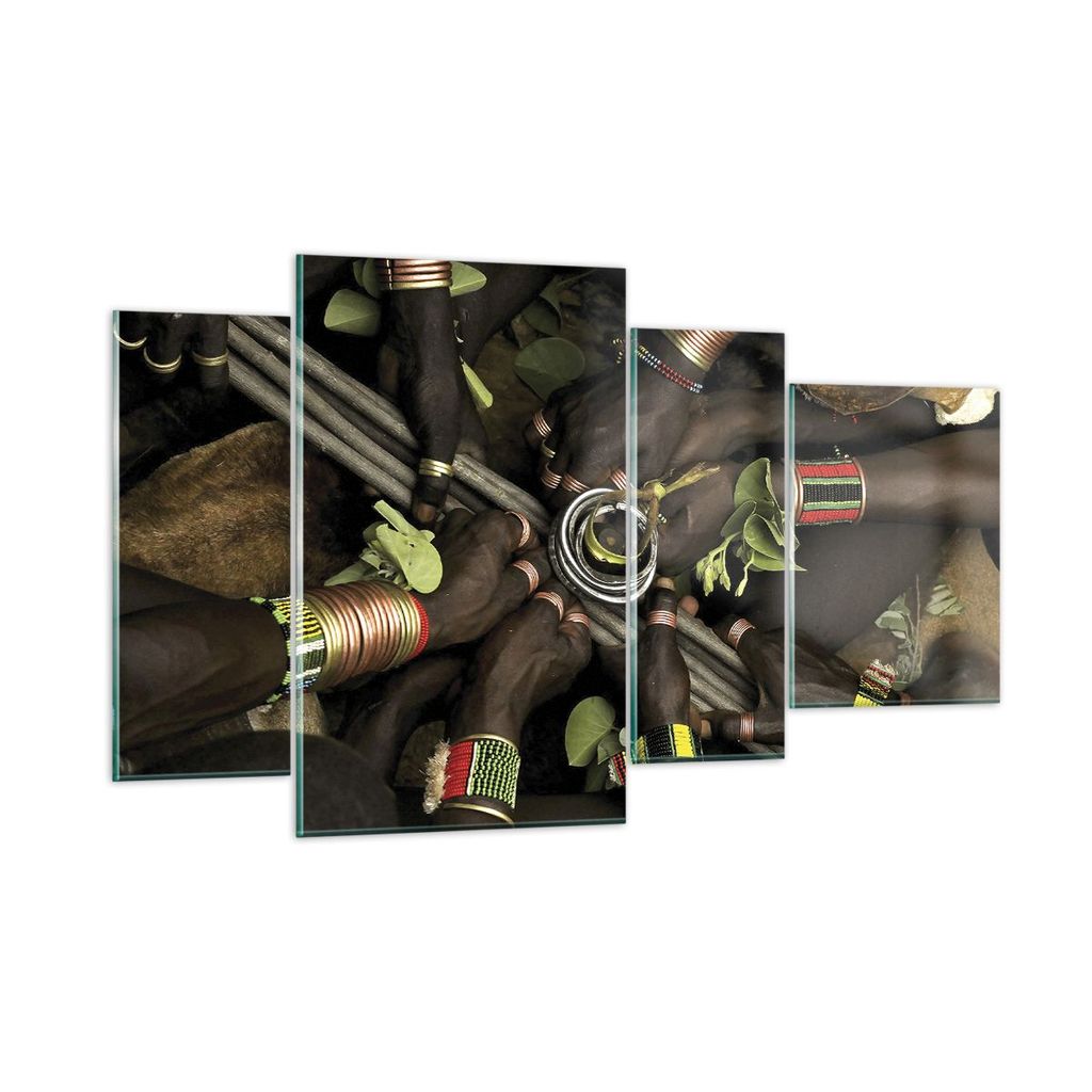 Bilder auf glas - 4 Teile - Äthiopien Ritual Stamm - 120x70cm - Glasbilder - Wandbilder - Bilder - zum Aufhängen bereit - Wanddekoration aus Glas...
