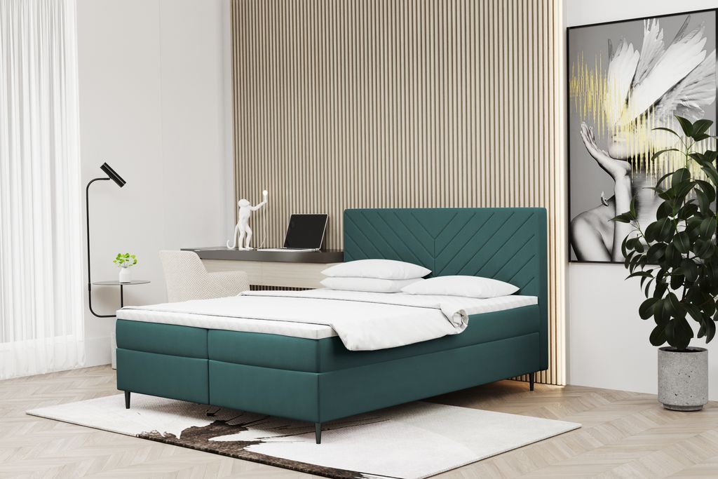 Kaiser Möbel Boxspringbett 160x200 mit bettkasten und matratze+topper, Schlafzimmerbett RUGIA Meersfarbe
