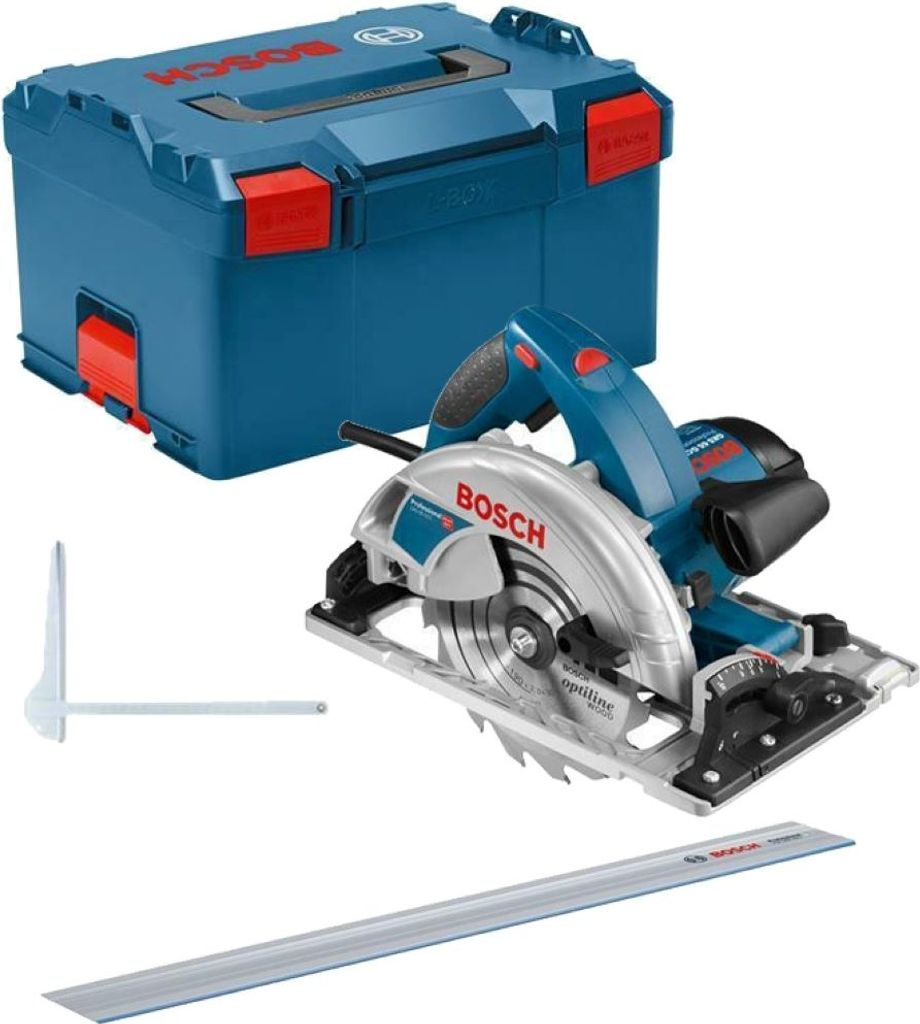 A Bosch circular saw, its storage case, and accessories are displayed against a white background.
