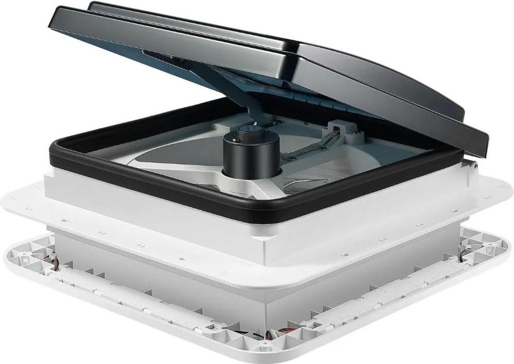 Wohnwagen/Wohnmobil Dachluken-Lüfter - 28×28 cm - 12V 5W - Luftstrom 5–35 m³/min - 10 Flügel - 20–65 dB - LED-Licht 8W - Weiß