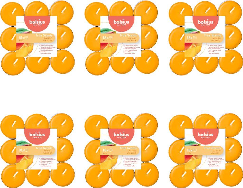 Bolsius - True Scents - Duft-Teelichter - 18 Stück pro Packung - Mango - Vorteilspack - 108 Stücke - 6 Verpackung