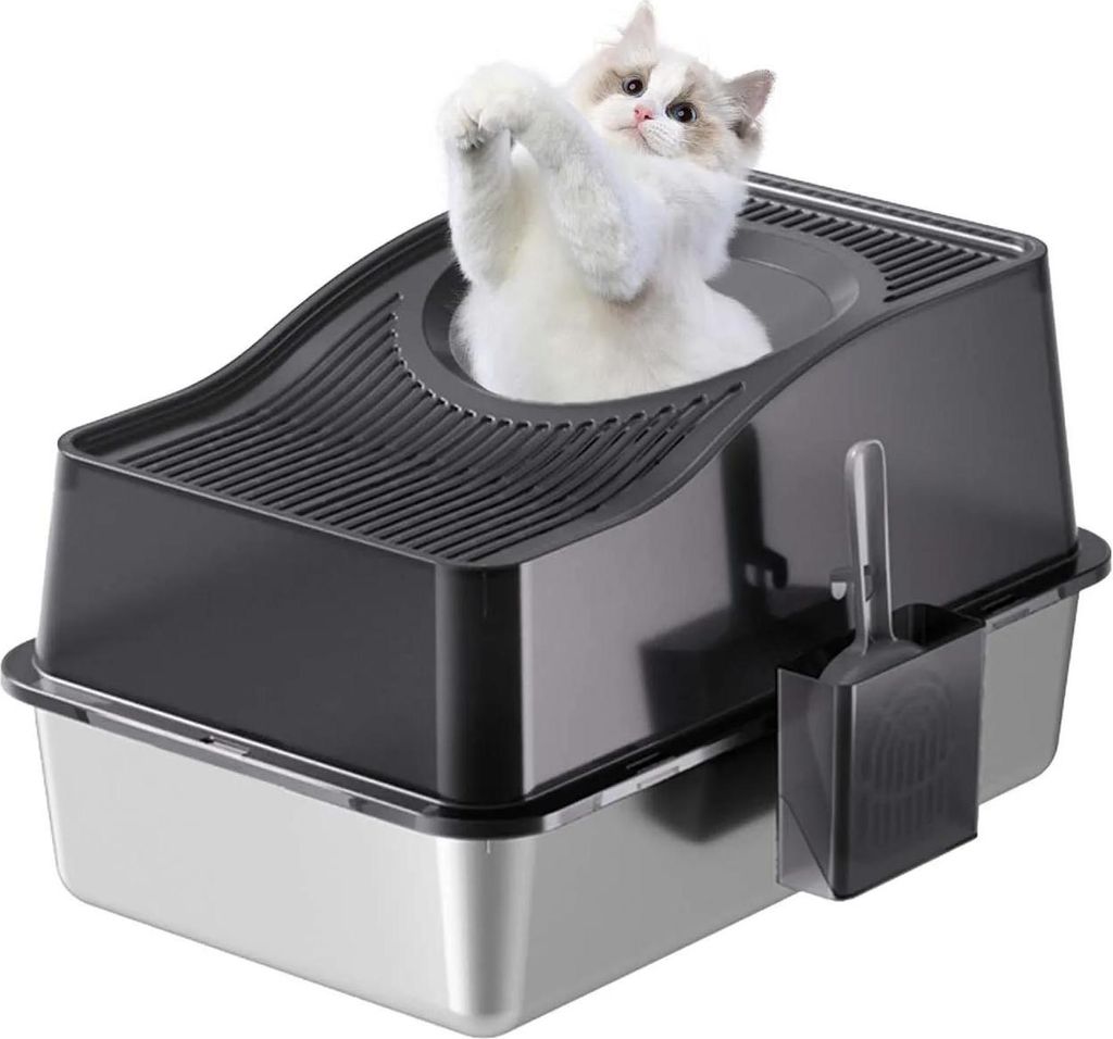 Edelstahl Katzentoilette - Halbgeschlossenes Katzenklo - 20 cm hohe Ränder - Leicht zu reinigen - Schwarz