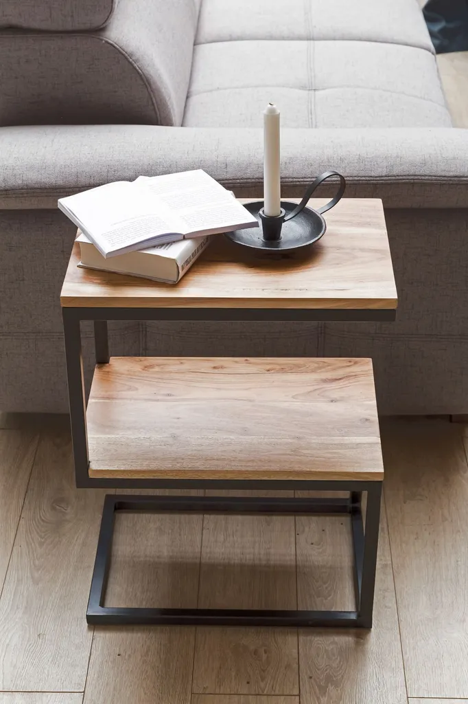Table d'appoint design en bois de campagne et métal noir, 45x60x30 cm