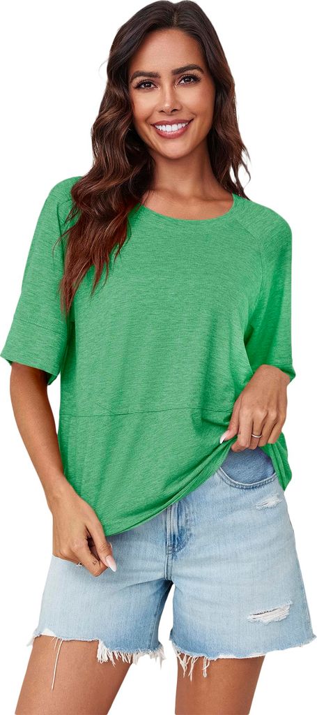 Imily Bela Damen Sommer T-Shirt mit Fledermausärmeln Rundhals Halbarm Einfarbig Locker Geschnitten Luftiges Casual Basic Oberteil Grün Größe M