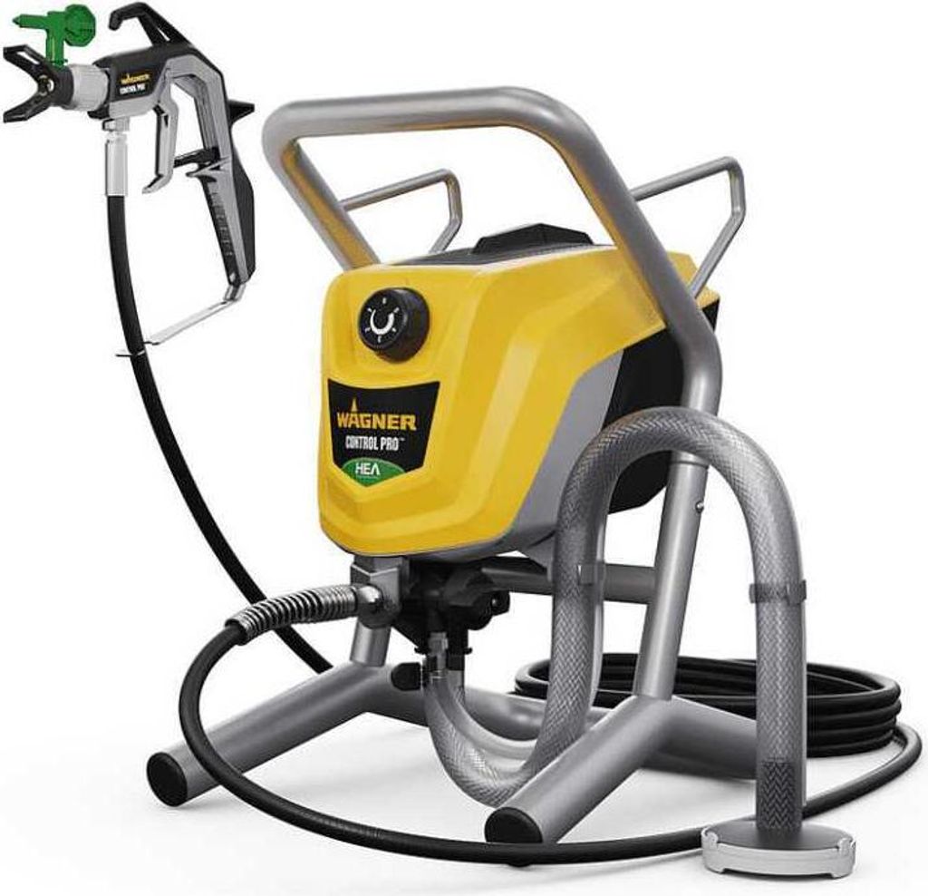 A yellow and gray electric paint sprayer with a black hose and a black spray gun.