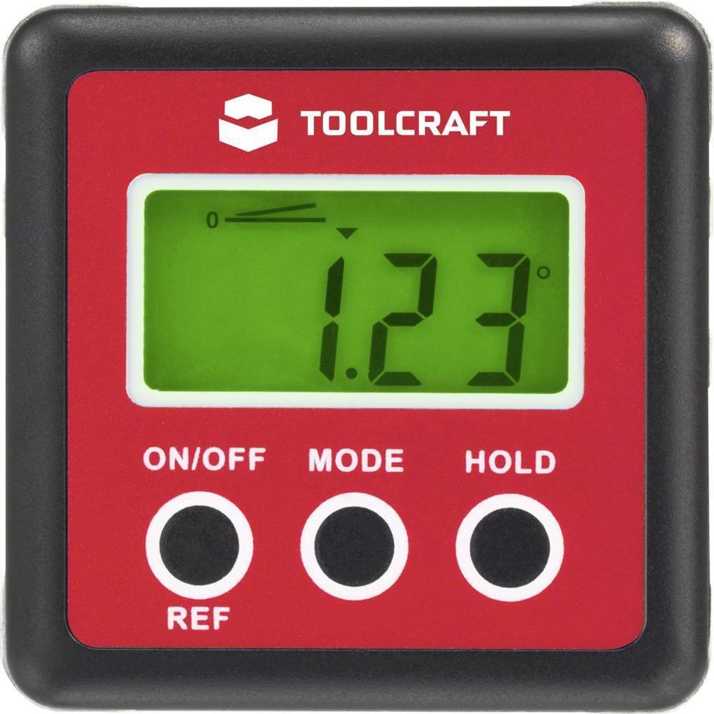 A digital angle gauge with a red casing and a green LCD screen displaying '1.23' degrees.