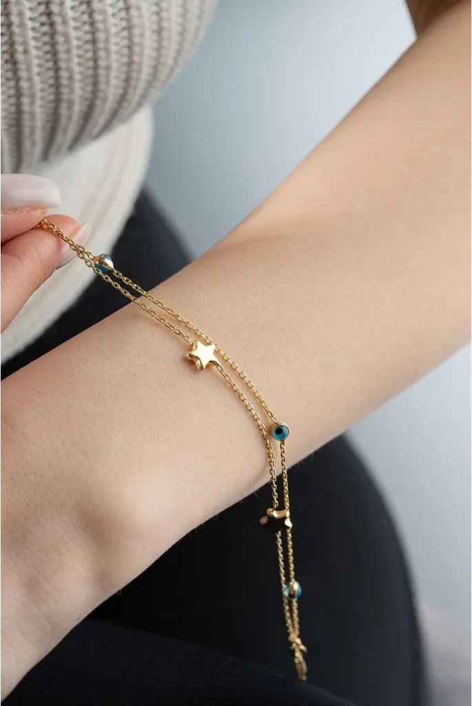 Bracelet Argent 925 Femme Doré à l'Or Fin - Double Chaîne Étoile & Nazar