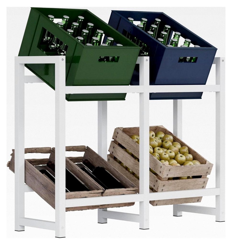 Freistehender Getränkekistenständer aus Metall, platzsparendes Regal für Getränkekisten, Farbe: weiß, Größe: 75x91x31 cm