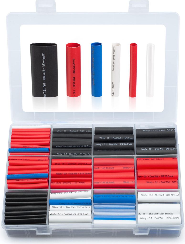 Wirefy Schrumpfschlauch Set mit Kleber - 3:1 Schrumpfschlauch mit Kleber Wasserdicht - 275 Stück Schrumpfschläuche 3mm - 25mm Schrumpfmuffe - Heat