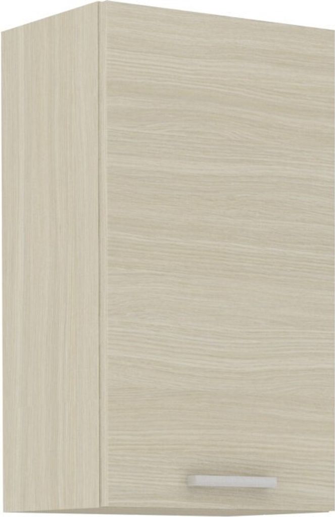 A single kitchen wall cabinet with a light wood grain finish and a silver handle.
