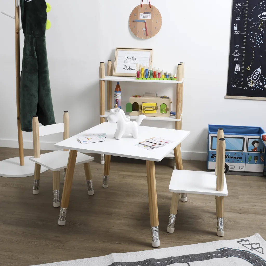 Ensemble Bureau Enfant Table et 2 Chaises Crayon en Bois Multicolore
