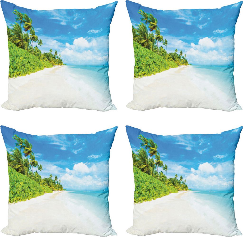 ABAKUHAUS Ozean Kissenbezug Set (4 Stück), Strand Meer Exotische Palmen, Moderner Doppelseitiger Digitaldruck, 60 cm x 60 cm, Blau, Grün, Creme