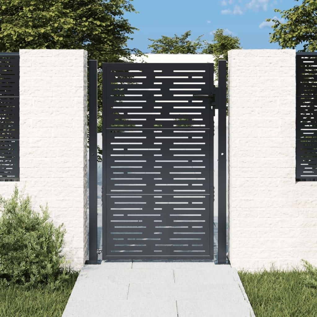 A modern garden gate made of steel with a perforated design, set between two white brick pillars.
