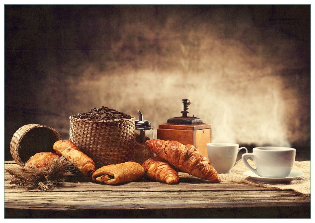 Wallario Premium Glasbild, freischwebende Optik, kräftige Farben, Größe 100 x 70 cm Motiv Französisches Frühstück mit Café und Croissants