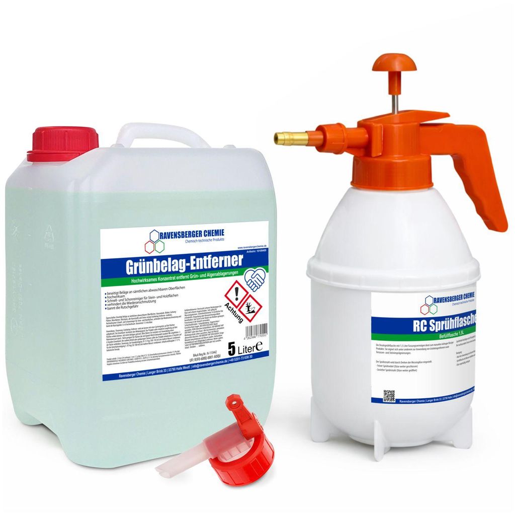 Ravensberger Chemie Grünbelagentferner 5 Liter Set – Biozid-Konzentrat gegen Grünbelag & Algen inkl. RC Sprühflasche & hochwertigem Dosierhahn...