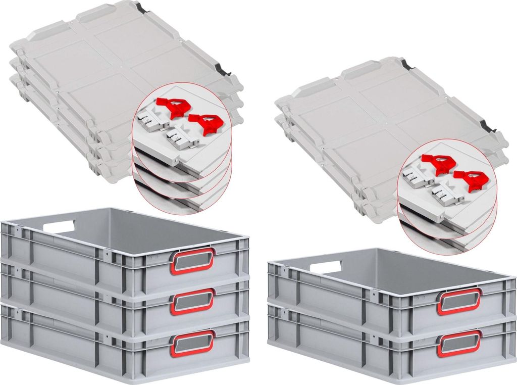 SuperSparSet 5x Eurobox NextGen Color mit Scharnierdeckel und Schiebeschnappverschlüssen | HxBxT 12x40x60cm | 23 Liter | Griffe rot offen | Glatte...