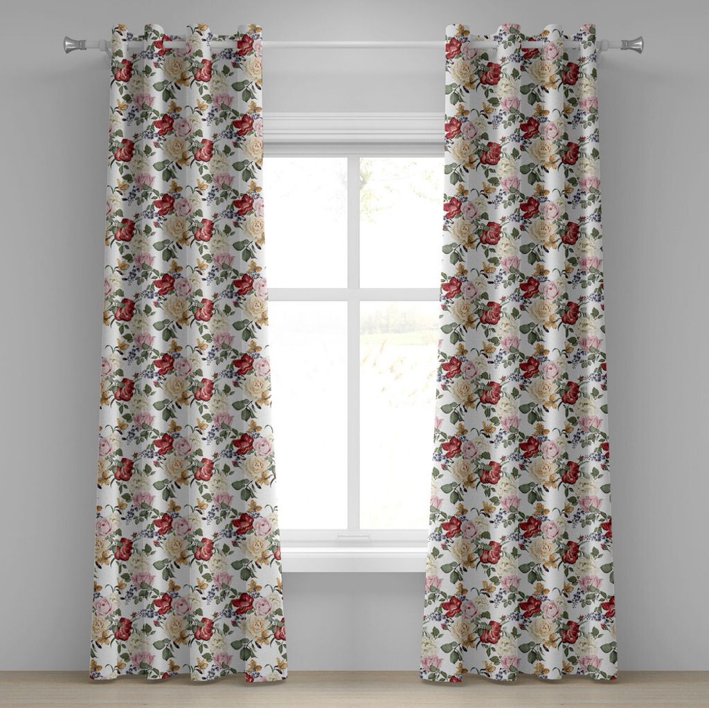 ABAKUHAUS Shabby Flora Ösenvorhang, Sommer-Frühlings-Jahreszeit knospt Rosen-Flieder-Blumen-Blatt-Druck, Dekorative 2-Panel-Fenstervorhänge, 280...