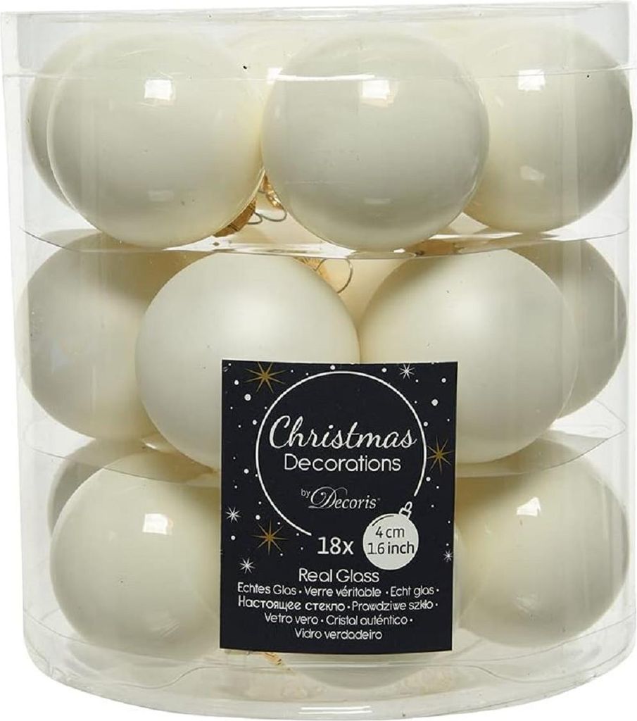 Elegantes 18-teiliges Set Glas Christbaumkugeln Weiß Matt & Produktbild 