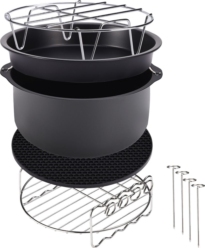 MONZANA Heißluftfritteuse Zubehör XL 6,5L Fritteuse Set 9tlg mit Brotbackkorb Pizzapfanne Silikonpfanne Grillrost Spieße