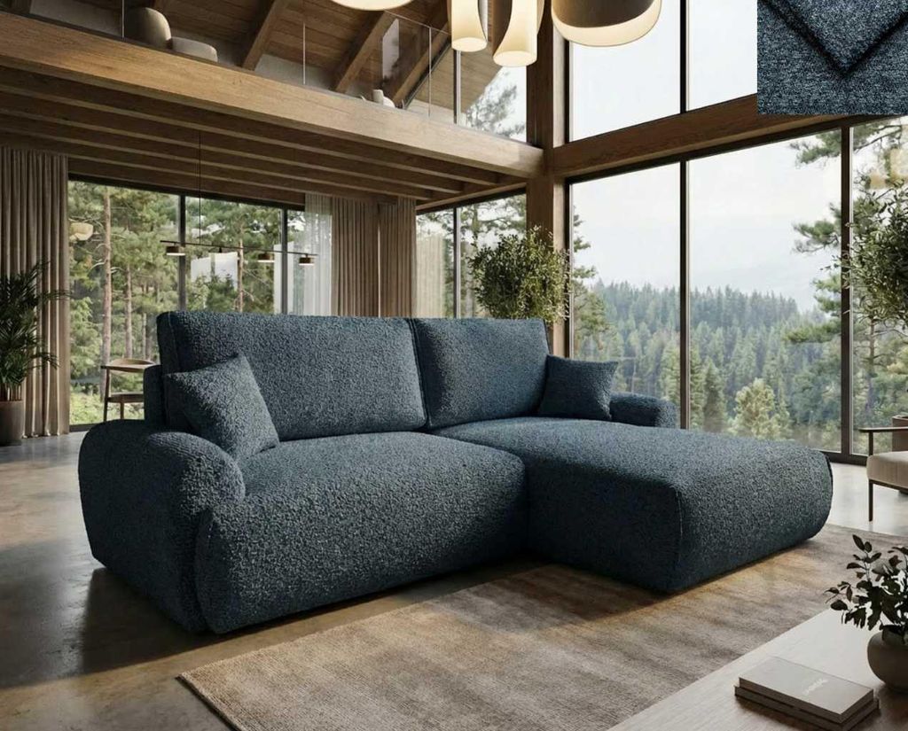 Ecksofa Malvito Nordelo mit Schlaffunktion und Bettkasten, Universal L/R, Stoff ARENA Bouclé - 21 Dunkelblau, 260 cm