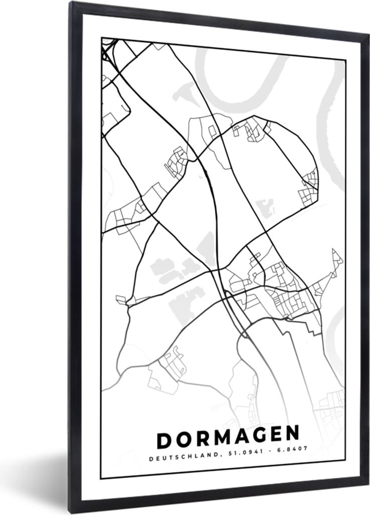 MuchoWow Gerahmtes Poster Karte - Dormagen - Stadtplan 60x90 cm - Poster mit Schwarzem Bilderrahmen Wandposter Rahmen Foto Bilder - Kunst