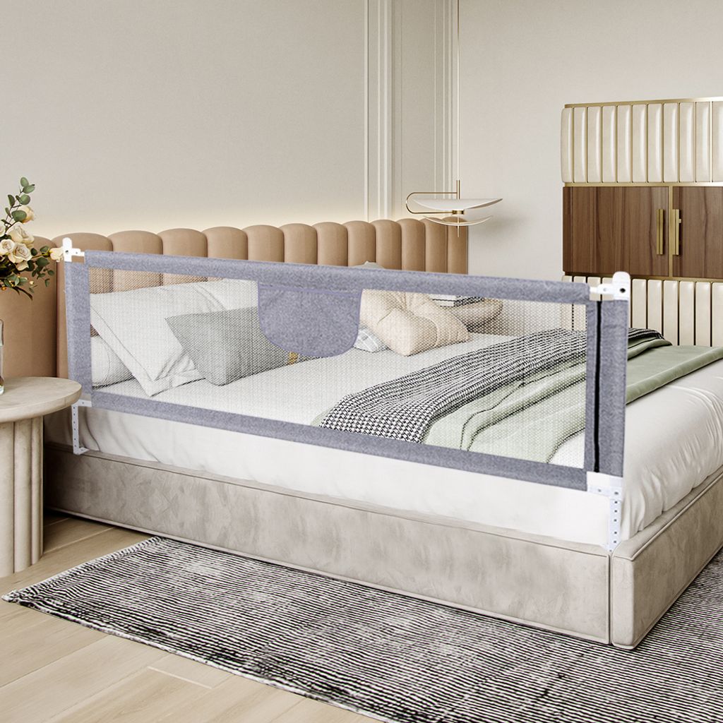 180cm Baby Bettgitter Kinderbettgitter Bettschutzgitter mit Vertikal anhebbar Um Stürze zu vermeiden für Kleinkinder Babys und Kinder grau 2 Seite
