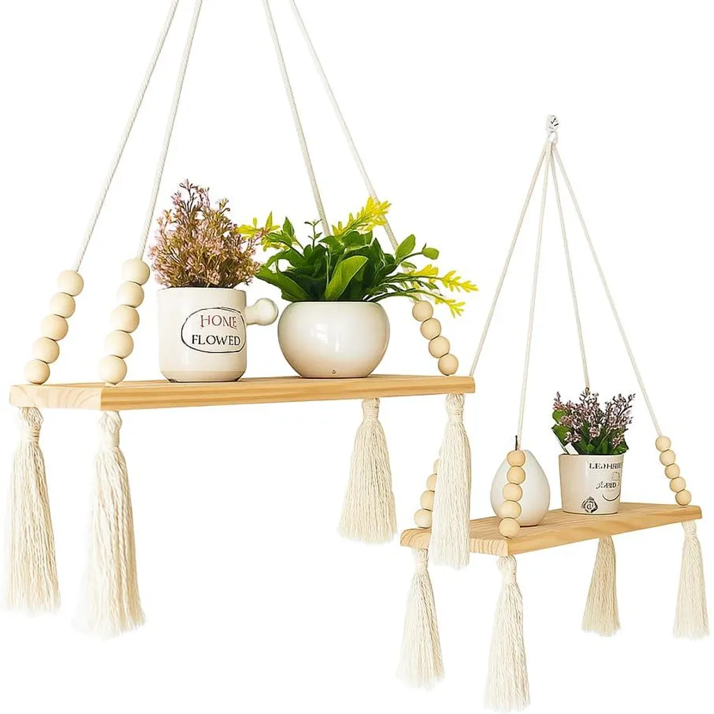Étagère murale en bois blanc et macramé suspendu style bohème vintage x2