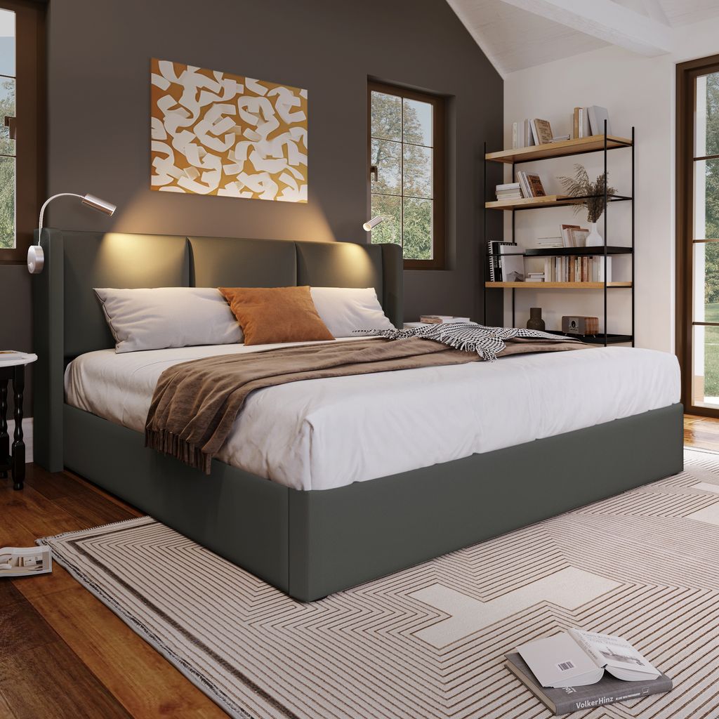 okwish Polsterbett 140x200 Doppelbett Stauraum Bettkasten Leselicht mit USB Ladefunktion Kopfteil,Stauraumbetten Bettgestell Jugendbett Polyurethan...