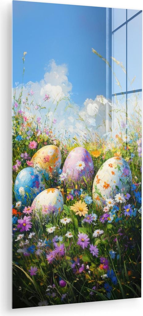 MuchoWow Glasbilder - Bilder auf Wandbild - Foto auf Glas Rasen - Eier - Blumen 40x80 cm Wanddekoration aus Glas - Acrylglasbild - Acrylbilder - Wa...