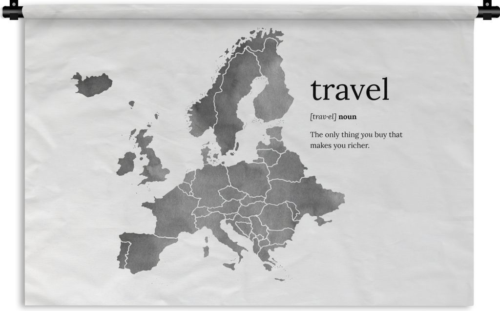MuchoWow Wandteppich Wandbehang Europa-Karte in grauer Aquarellfarbe mit dem Wort: travel - schwarz-weiß 90x60 cm Tapisserie Dekoration Wandtuch...
